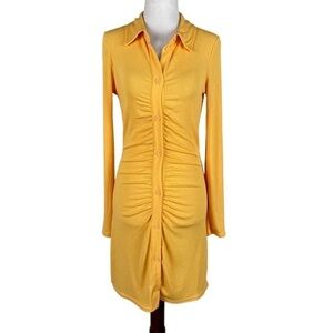 Divided Yellow Ribbed Long Sleeve Button Down Dress